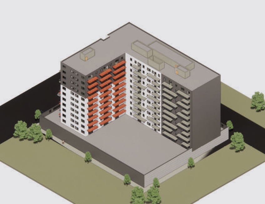 Animated rendering of an L shaped corner lot 12-storey building